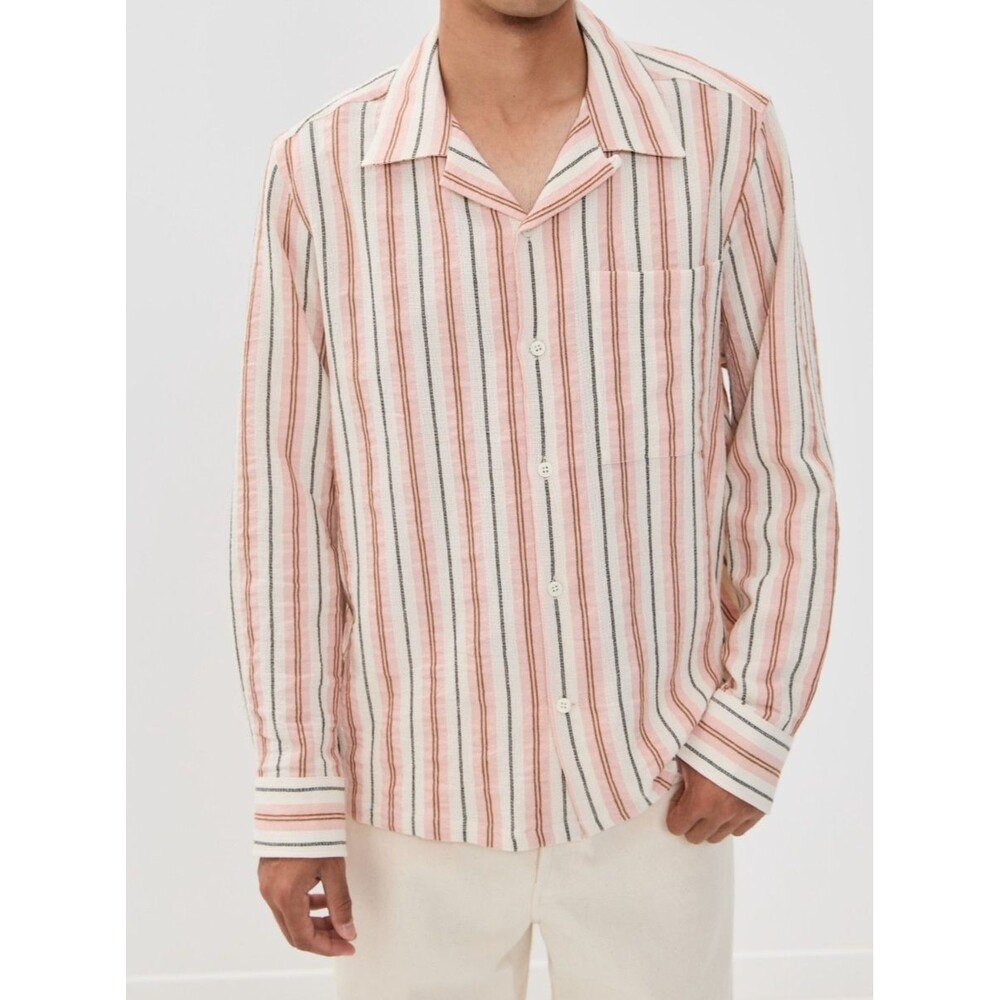 NN07 Button Shirt Mens Medium Cream Pink Stripe Relaxed Linen Blend JULIO $305